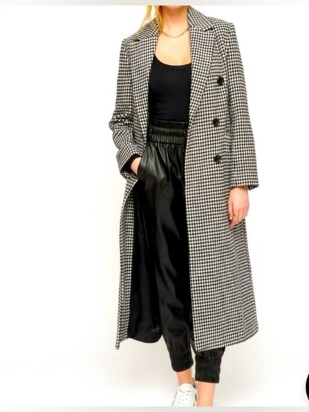Dynamite Black & White Houndstooth Double-Breasted Full length Coat